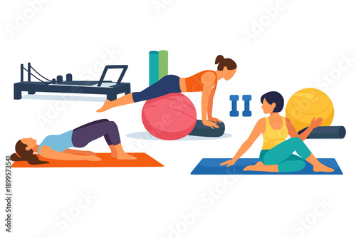 Diverse women engage in various Pilates exercises with equipment for a healthy lifestyle