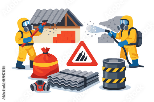 Asbestos removal workers in protective suits dismantling a hazardous roof structure