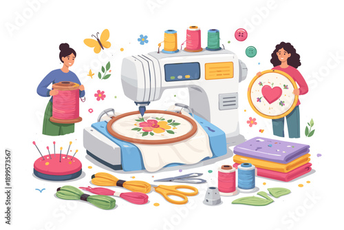 Creative women enjoying embroidery and sewing with modern machines and supplies