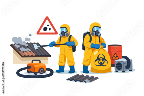 Workers in hazmat suits remove asbestos from a roof, symbolizing hazardous material cleanup