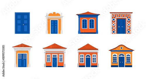 Colorful architectural facades of traditional houses with stylish doors and windows
