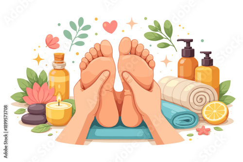 Relaxing foot massage with aromatherapy oils, candles, and spa elements