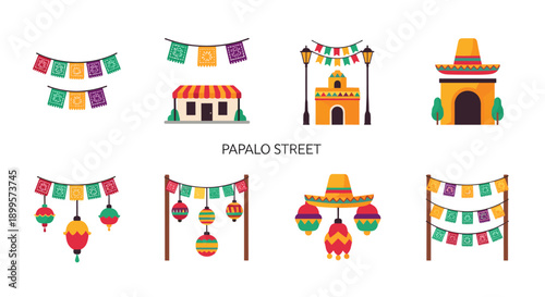 Colorful mexican street elements with decorations and lanterns