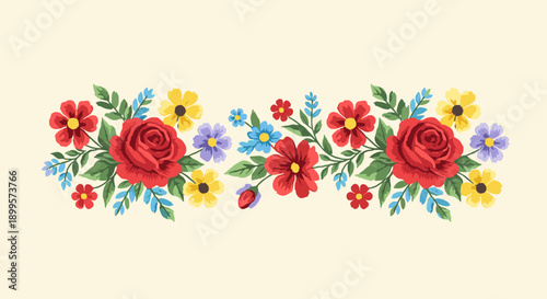 Vintage floral pattern with red roses and colorful blossoms on a cream background