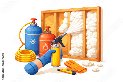 Construction worker applying spray foam insulation to wooden wall frame for energy efficiency