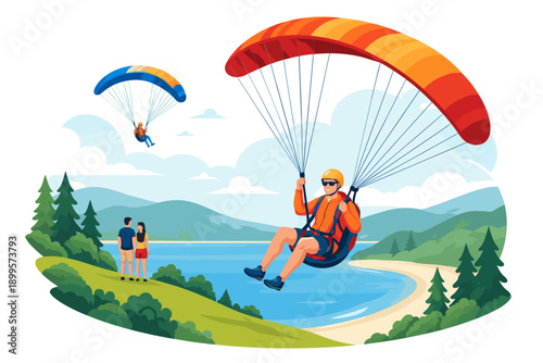Man paragliding over a scenic lake with mountains and a couple watching