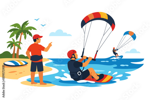 Kite surfing lesson on a tropical beach with palm trees and clear blue water