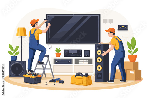 Technicians installing a large flat-screen television and surround sound system in a living room