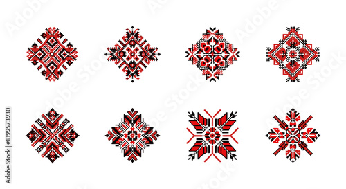 Traditional geometric embroidery patterns with red and black symmetry