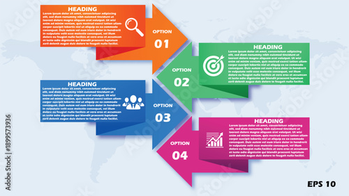 4-Step Global Business Infographic Template. Vector Presentation Slide with Colorful Origami Arrow Banners, World Map Background, and Strategy Icons