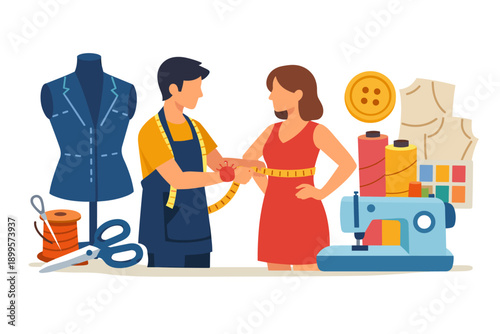 Tailor measuring a client for a custom dress with sewing supplies and mannequin