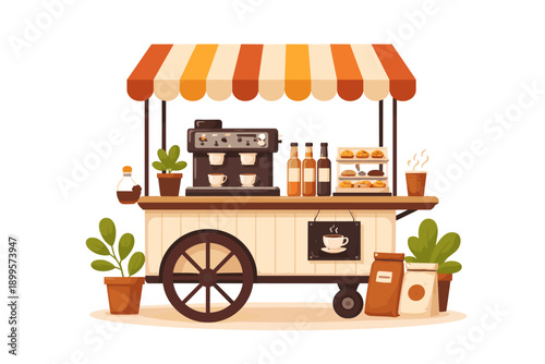 Charming coffee cart with espresso machine, pastries, and hot beverages ready to serve