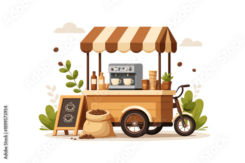 Charming coffee cart with espresso machine and beans, ready for service
