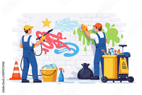 Professional cleaning crew removes graffiti from brick wall with pressure washer and sponges