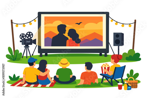 Outdoor movie night with friends watching a romantic film on a big screen
