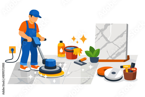Professional cleaner polishes marble floor with a floor buffer machine and cleaning supplies