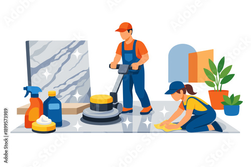 Professional cleaning crew polishing marble floors with specialized equipment and supplies