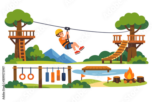 Child enjoys ziplining adventure park with obstacle course and campfire elements