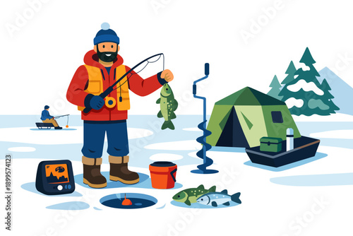 Man happily ice fishing with a catch, surrounded by winter gear and snowy landscape