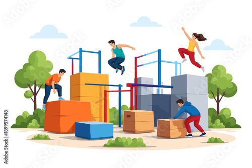 Diverse group of people practicing parkour and free running on an obstacle course