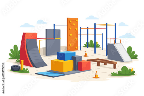 Outdoor parkour training ground with obstacles and climbing wall for fitness