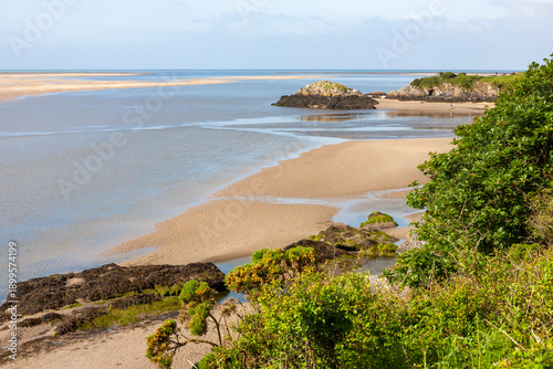 Low tide on the Afon Glaslyn estuary at Borth-y-Gest beach, Porthmadog, Gwynedd, Wales