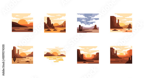 Desert landscape icons set with sunset and canyon silhouettes