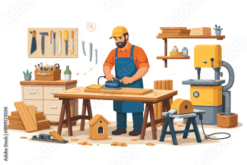 Carpenter working with wood on a workbench in a workshop with tools and machinery