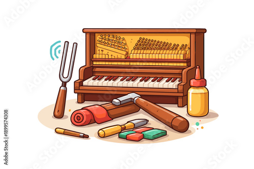 Piano tuning tools and instrument laid out for repair and maintenance