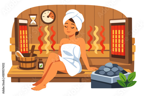 Woman relaxing in a warm infrared sauna, enjoying a moment of peace and wellness
