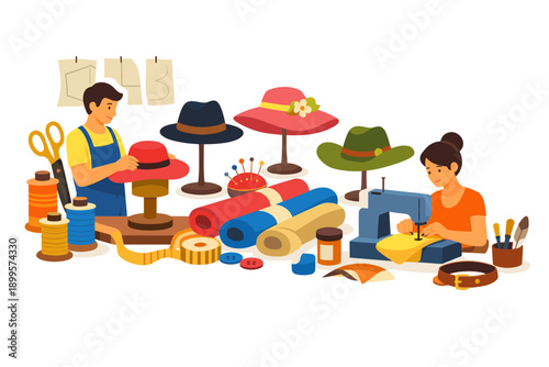 Hat makers crafting stylish headwear with sewing machines and traditional tools