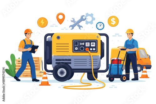 Electricians performing maintenance on a portable generator with a service van nearby