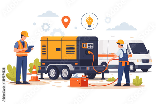 Electricians connecting a portable generator to a service van for power supply