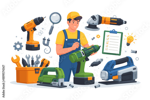 Skilled handyman with power tools and checklist, ready for home improvement projects