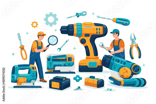 Illustration of repairmen with various tools and power equipment for construction