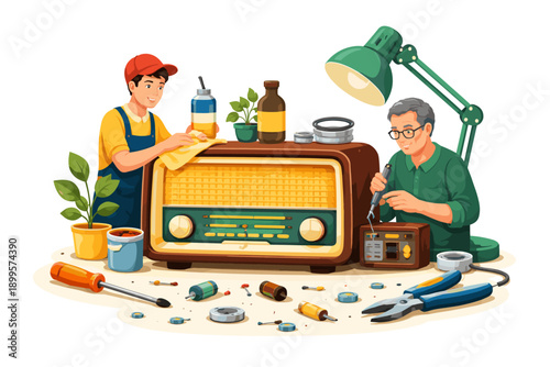 Two men restoring an old vintage radio with tools and components on a workbench