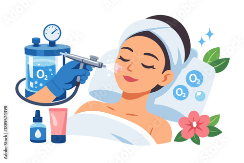 Woman receiving oxygen facial treatment for glowing skin at a spa