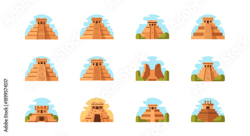 Colorful flat designs of ancient pyramids and temples with nature elements