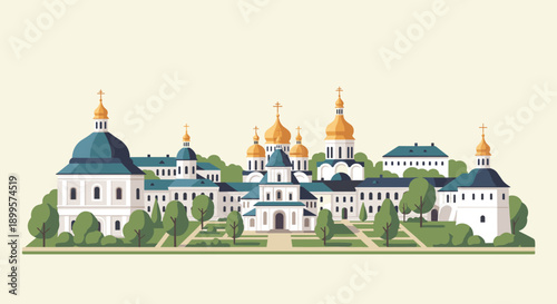 Elegant flat design of historic orthodox monastery with golden domes