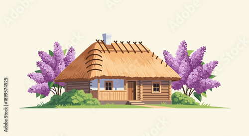 Charming rustic cottage with thatch roof surrounded by lilac bushes on a sunny day