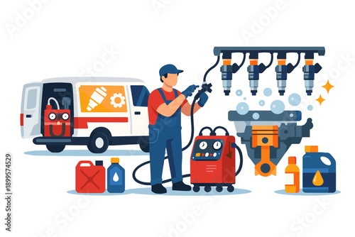 Mechanic cleaning car fuel injectors with specialized equipment and van nearby