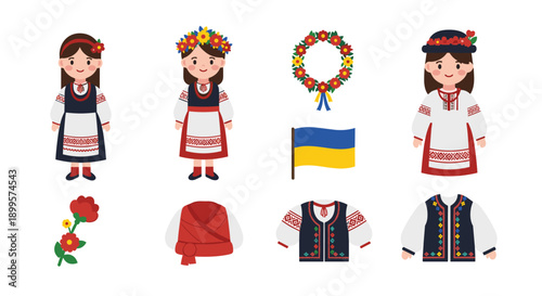 Traditional ukrainian costume elements with cute female characters and accessories