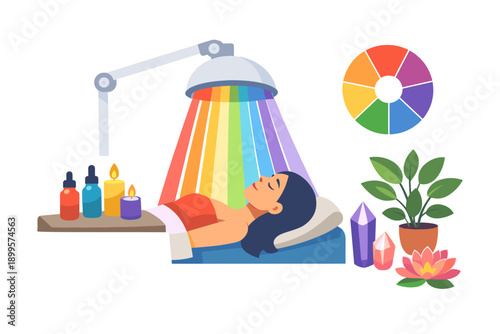 Woman receiving colorful light therapy treatment for relaxation and wellness