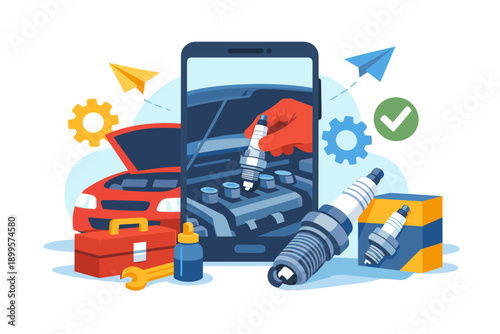 Car repair service concept with smartphone showing engine and spark plug replacement