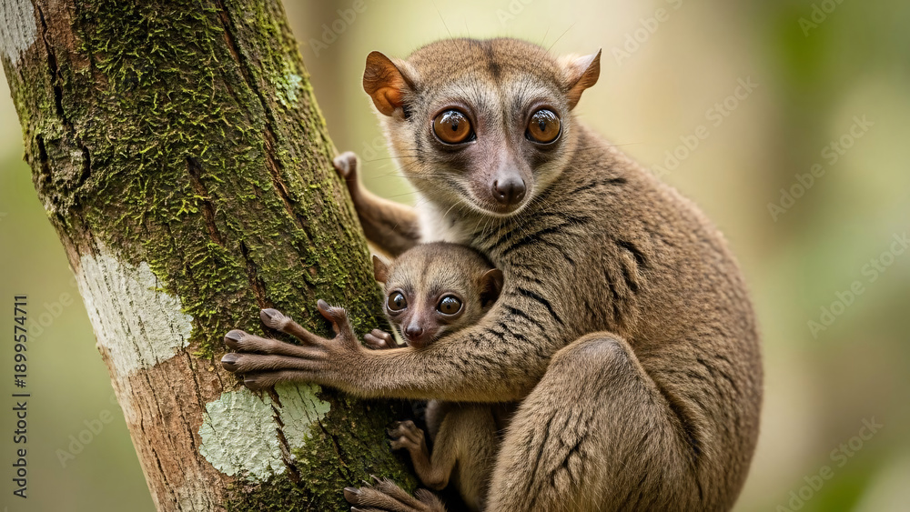Obraz premium Close-up Portrait of Mother and Baby Lemur Clinging to Tree Trunk
