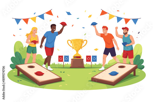 Friends playing cornhole game with trophy and festive decorations celebrating victory
