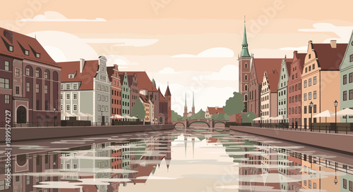 Picturesque cartoon cityscape with reflections of historic buildings along a canal