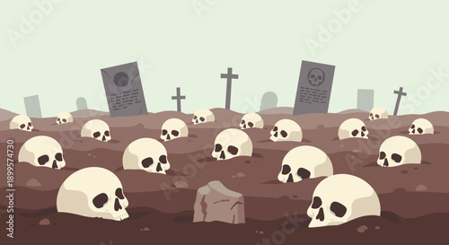 Eerie cemetery with skulls and tombstones in a misty landscape