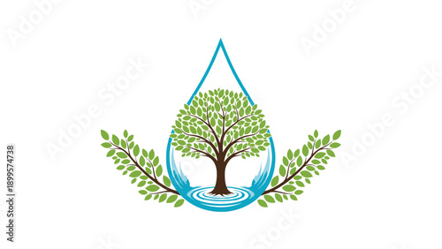 Nature conservation logo with a lush green tree inside a large water droplet and decorative leaf branches on the sides.