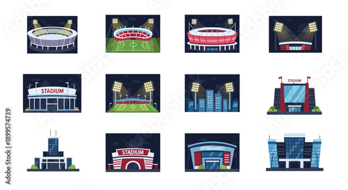 Modern sports stadium and arena designs with nighttime lighting aesthetic